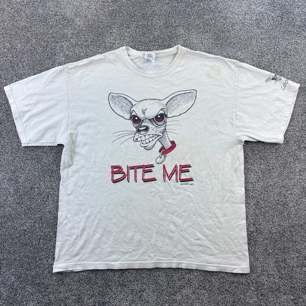 Vintage Bite Me Angry Chihuahua Shirt Mens XL White Dog Puppy Breed Animals